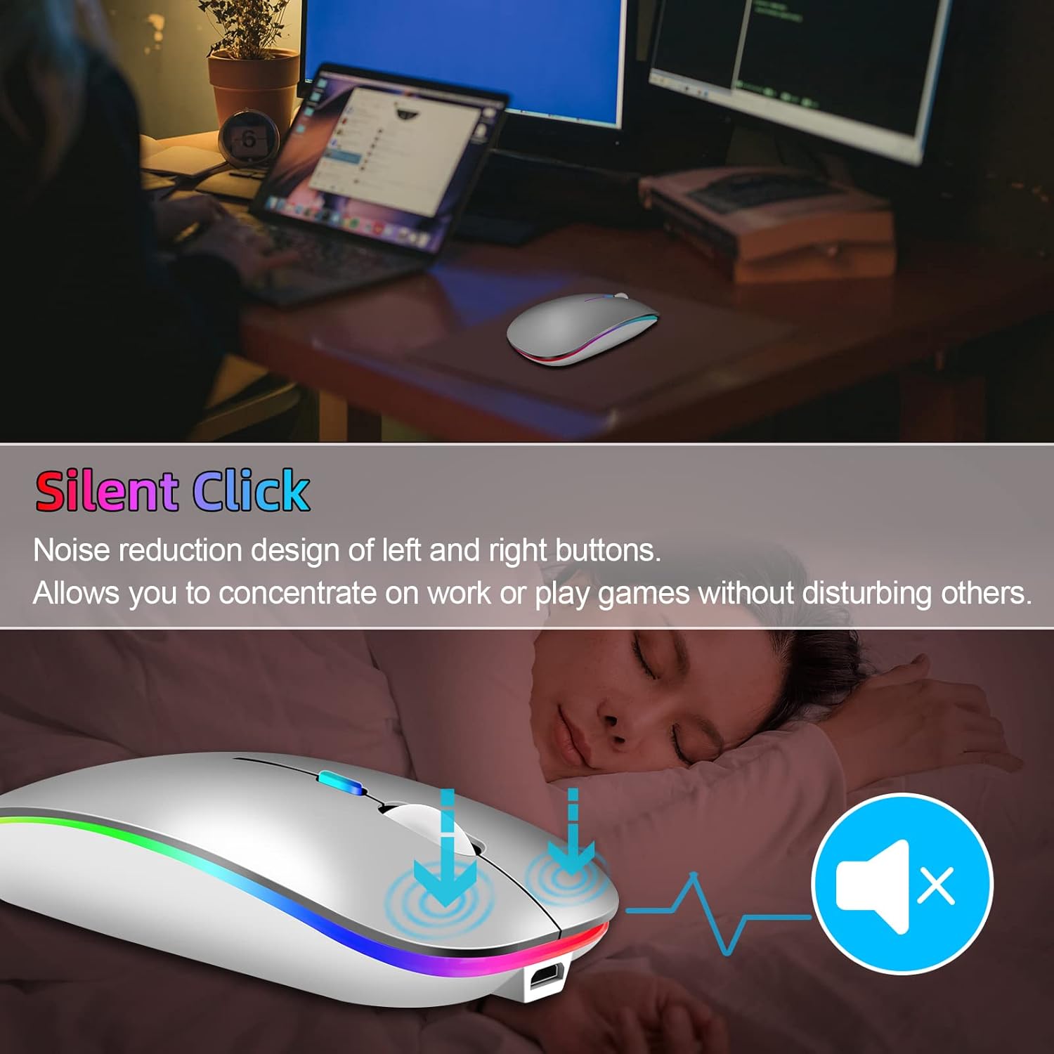 Thumbnail 3 de Wireless Bluetooth Mouse for Laptop (Silver) — Dual Mode, Rechargeable, Quiet Clicks