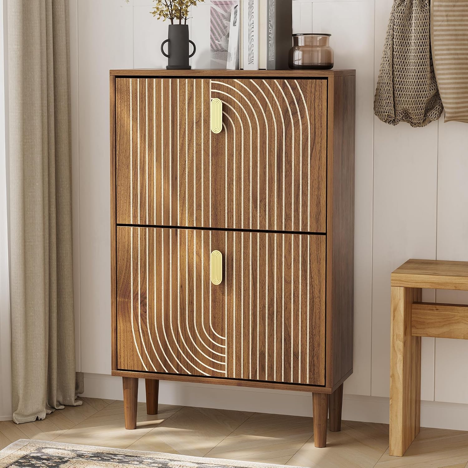 Detalle de Morwdxef WoodenShoeCabinet Shoe Cabinet, 2 Flip Drawers, 23.6" Wide, Walnut