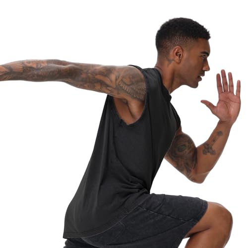 Detalle 2 de HOUZONIY Herren Tanktop – Kurzarm Sommer, ärmellose Weste aus Baumwolle (Schwarz, Größe L)