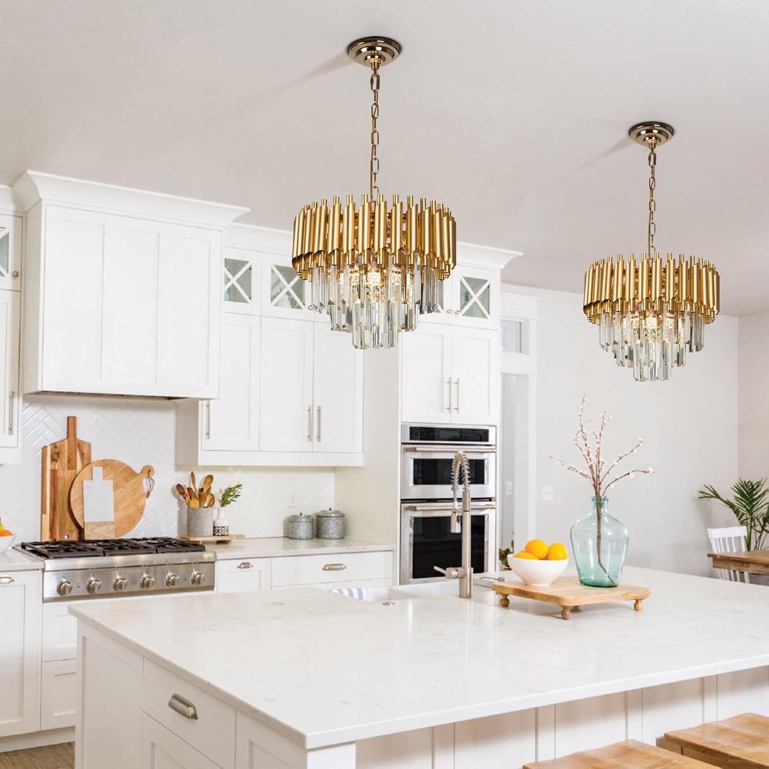 Thumbnail 3 de FRIXCHUR Gold Crystal 3-Tier Raindrop Flush Mount Ceiling Light (E14, bulbs not included)