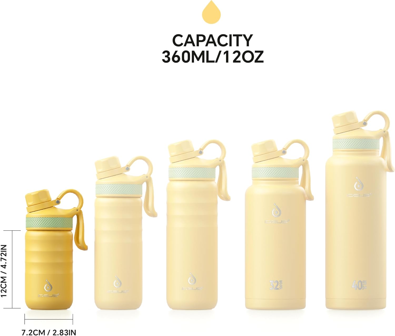 Thumbnail 6 de Ideus IDEUS Insulated Water Bottle 360ml/12oz (Stainless Steel, Leakproof) with Straw & 2 Lids