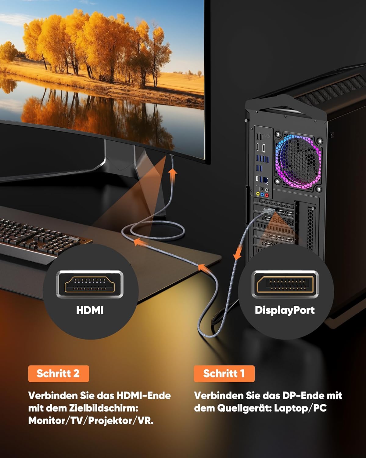 Thumbnail 2 de Snowkids DisplayPort-zu-HDMI-Kabel (DP auf HDMI) 4K, 1 m – einseitig, Plug & Play
