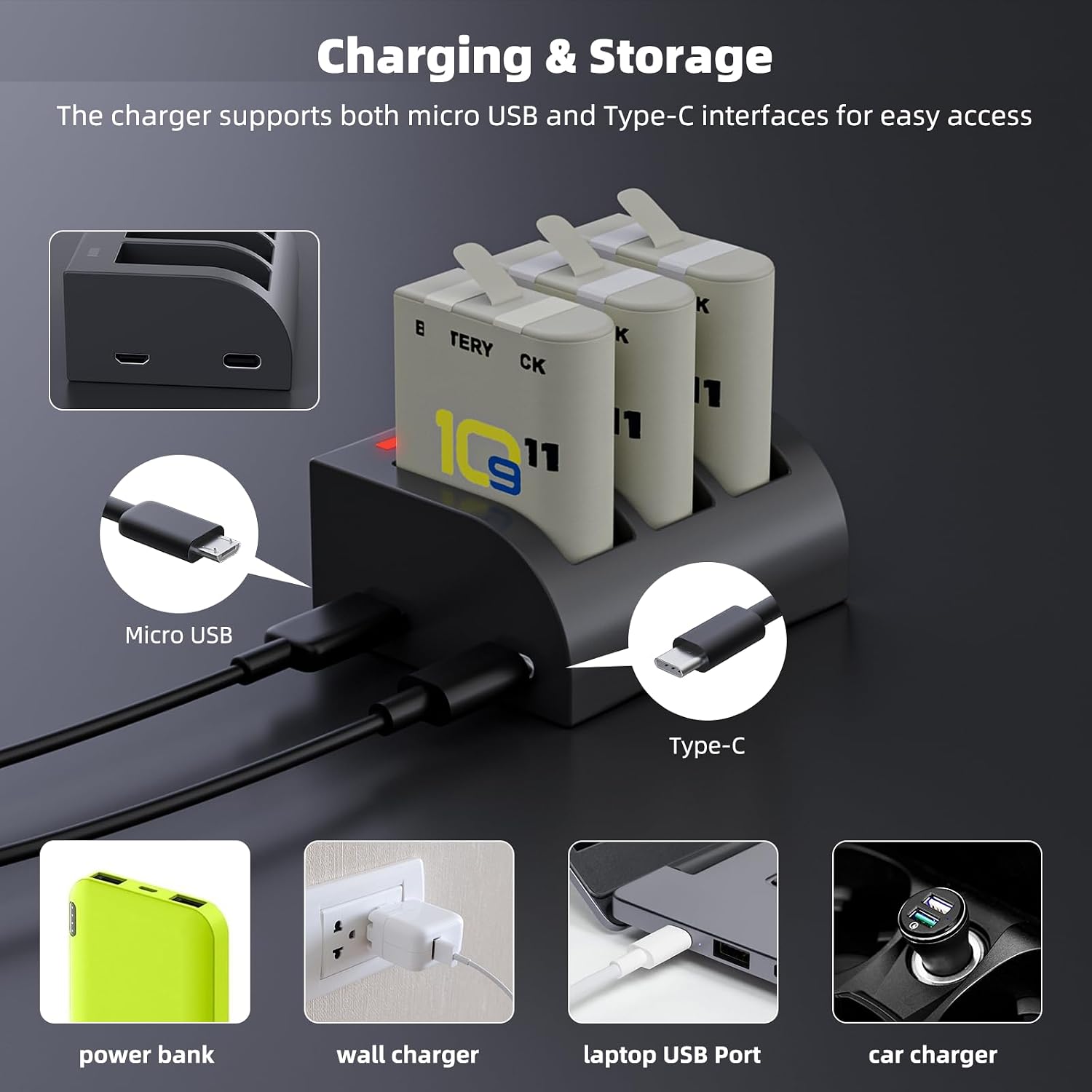 Thumbnail 2 de F1TP 2000mAh 3-pack batteries for GoPro Hero 12/11/10/9