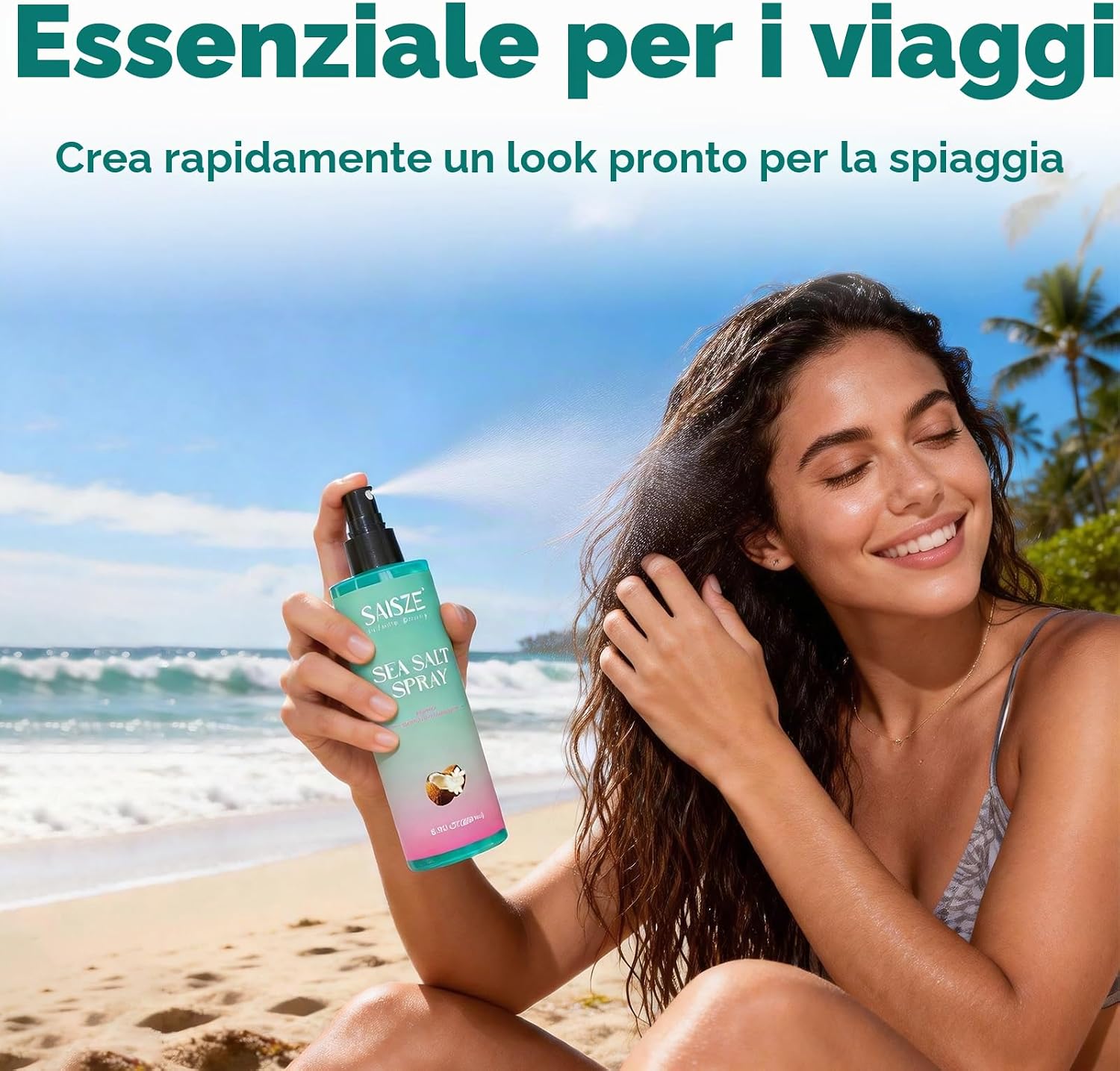 Detalle de SAISZE Spray al sale marino per capelli: viaggio e spiaggia con finish leggero al cocco