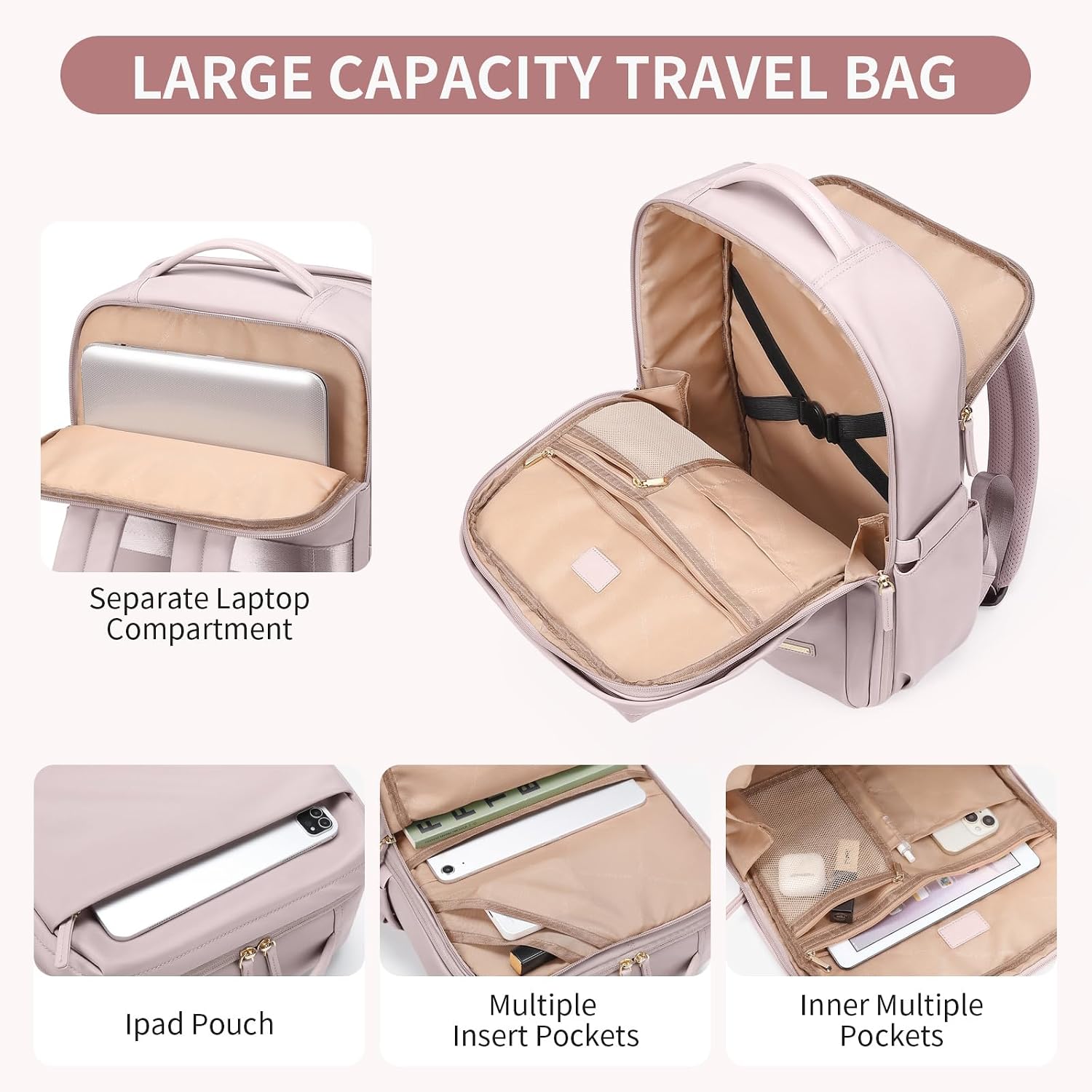 Thumbnail 2 de GOLF QUALITY Reiserucksack Damen – Travel Backpack mit 17,3 Zoll Laptop, Grau-Rosa, Handgepäck-kompatibel