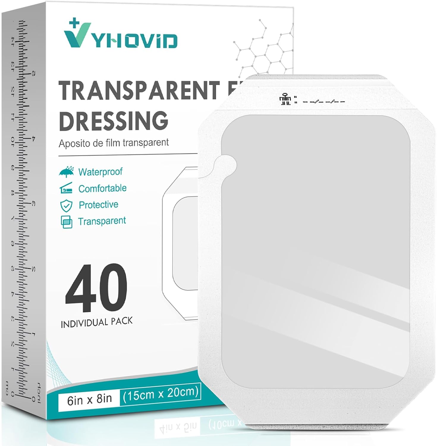 Detalle de YHOVID Transparent Film Dressings, 40-Pack, 6 x 8 in, Waterproof and Latex-Free