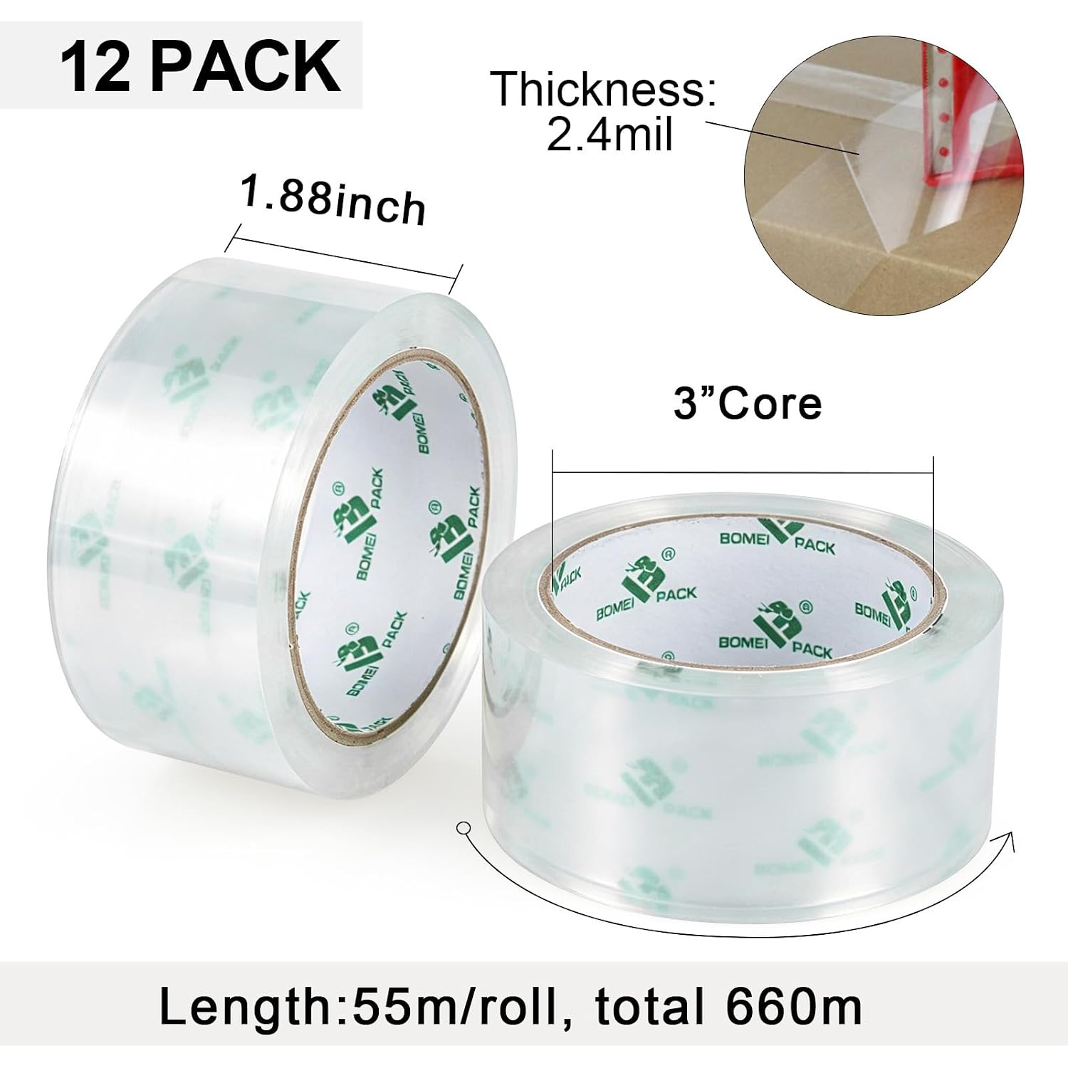 Detalle 2 de BOMEI PACK Clear Packing Tape, 1.88" x 55m, 12 Rolls with Dispenser