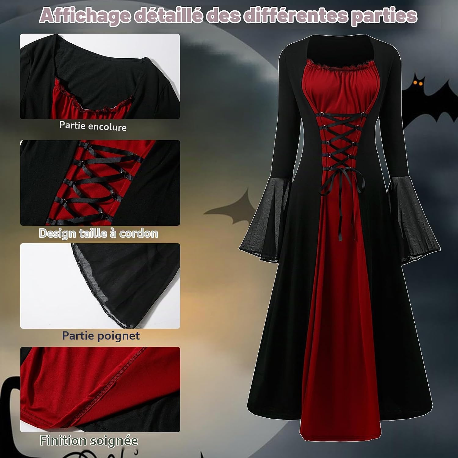 Detalle 2 de CNVAUIE Renaissancekostuum voor dames, maxi-jurk met trompetmouwen
