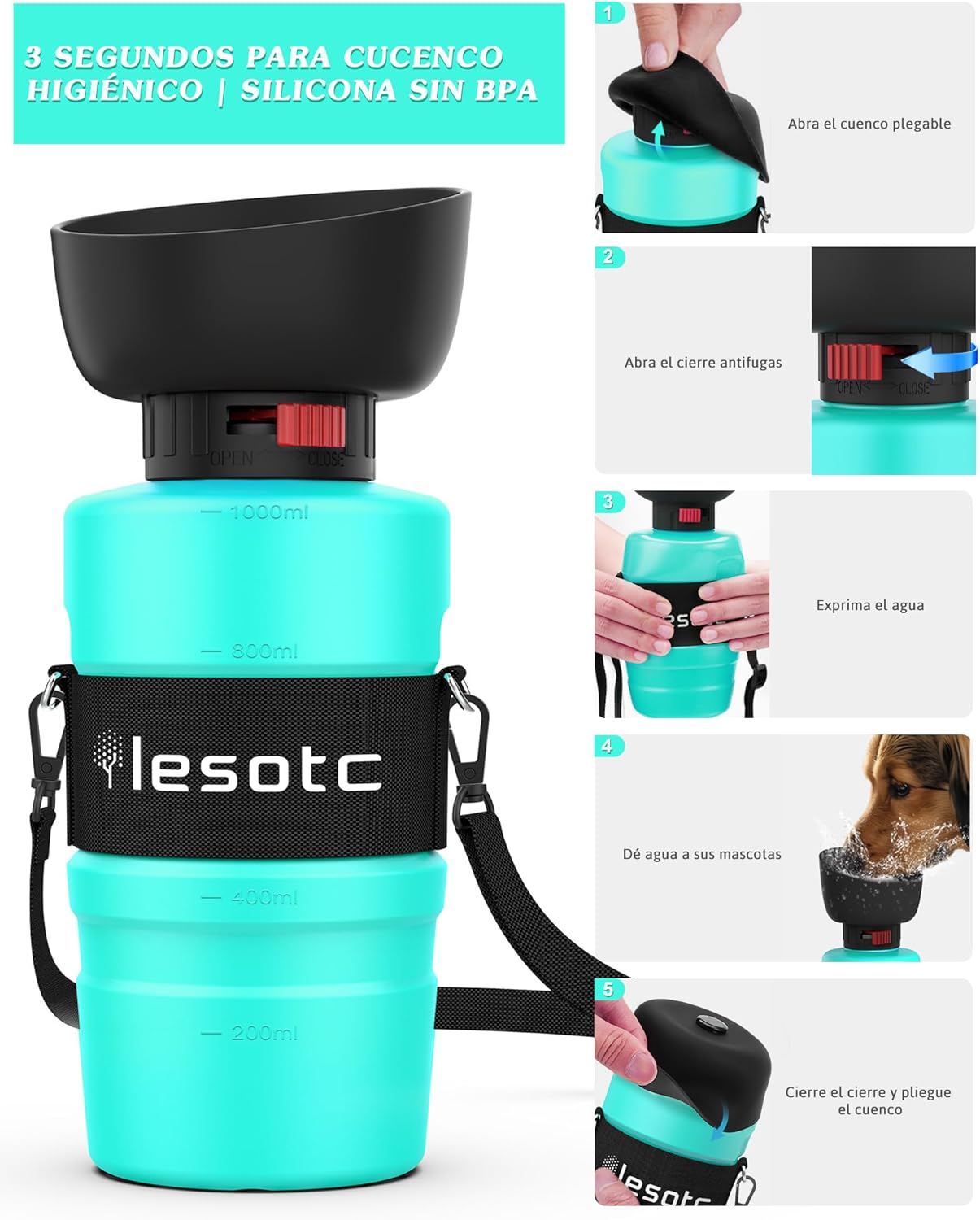 Thumbnail 4 de Lesotc 1000 ml botella agua perros plegable