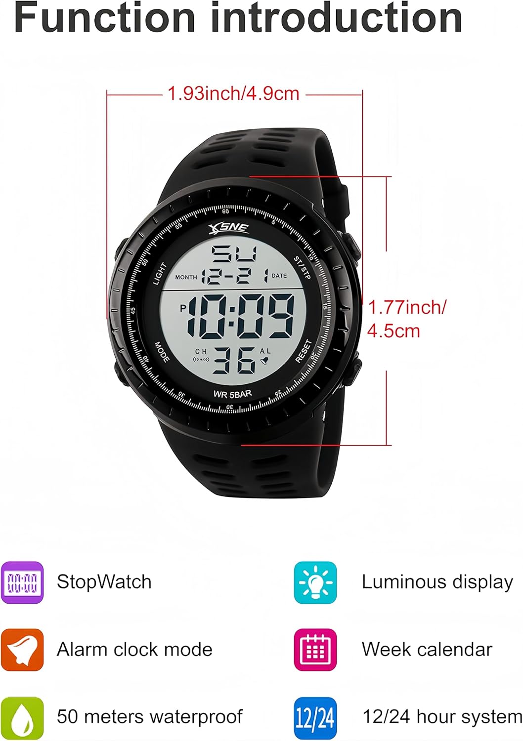 Detalle de SNE Men’s Digital Big Face Waterproof Electronic LED Sport Wrist Watch (Black) SK1167