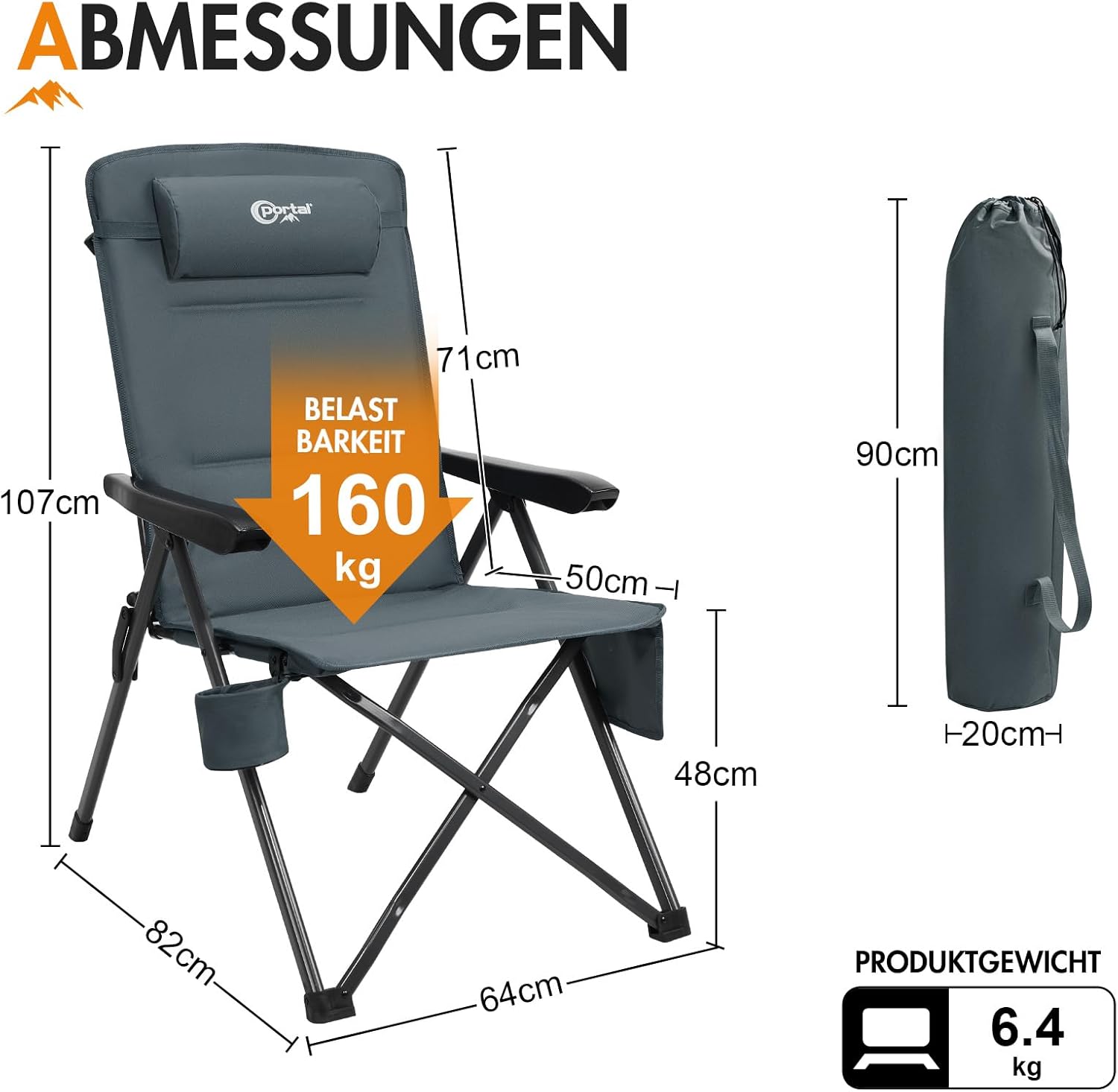 Detalle de Portal faltbarer Campingstuhl mit 3-fach verstellbarer Rückenlehne (bis 160 kg), hohe Lehne & Getränkehalter