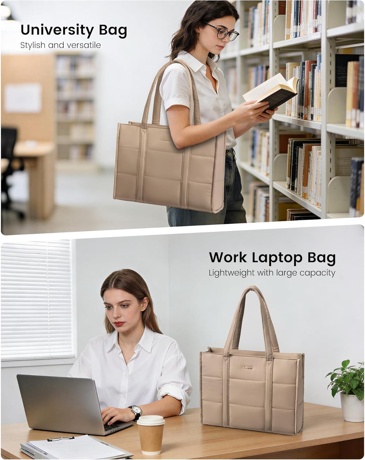 Detalle 2 de LOVEVOOK Tote Bags for Women: Puffer Quilted Work Bag with Laptop Compartments