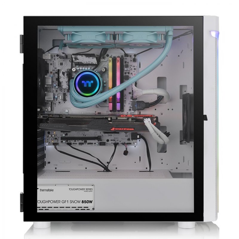Detalle de Thermaltake H590 TG Snow ARGB: chasis semitorre con vidrio templado y iluminación ARGB