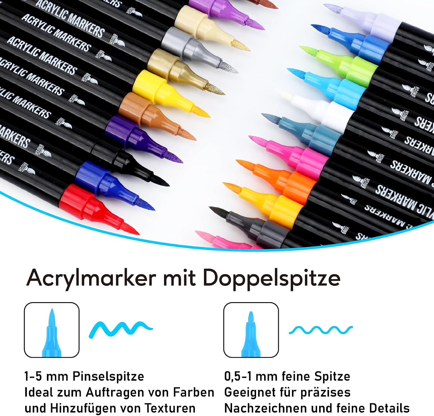Detalle 2 de Pamaker 24 Farben Acrylstifte Set – Acrylmarker mit feiner Spitze & Pinsel für Stoff, Leinwand, Glas, Holz und Papier