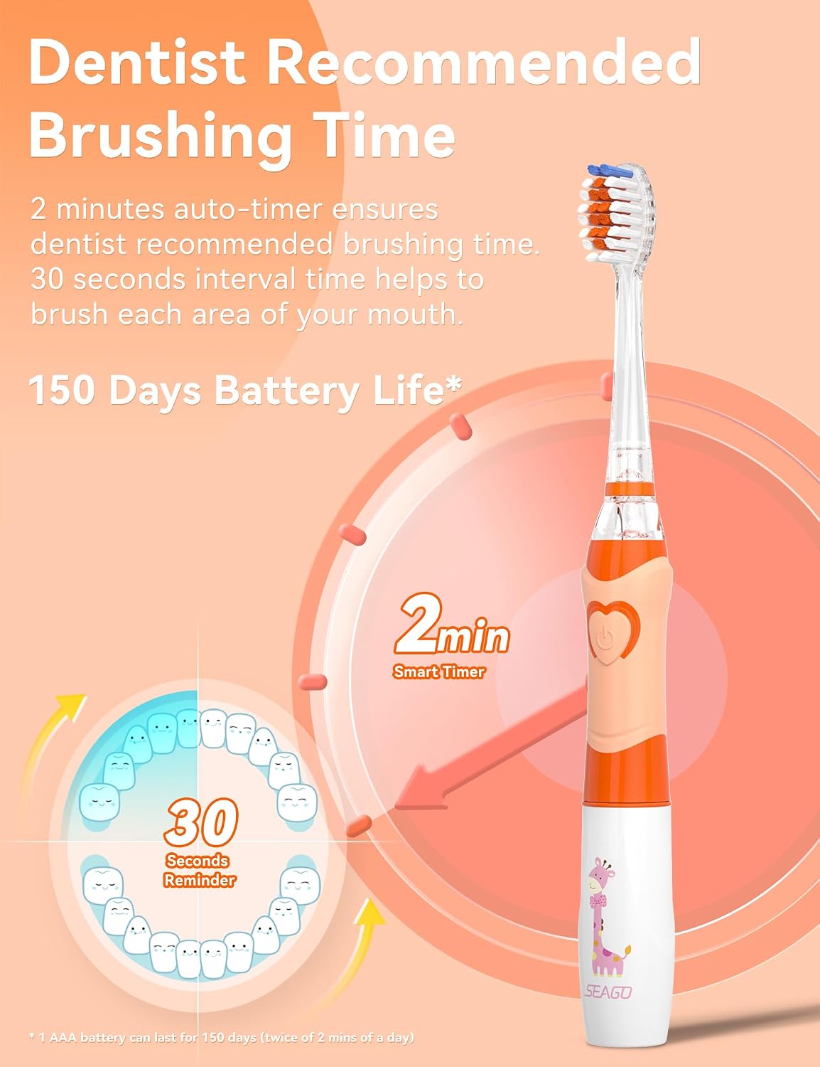 Detalle de SEAGO Kids Electric Toothbrush with Timer, Rainbow LED, and 4 Brush Heads