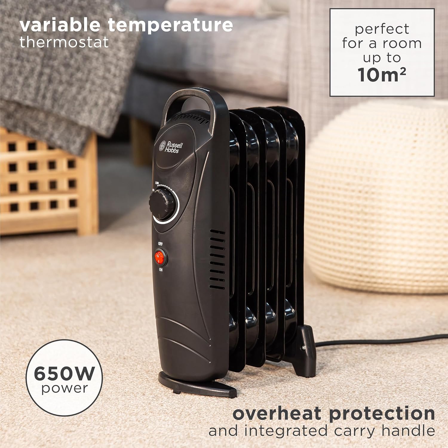 Detalle 1 de Russell Hobbs RHOFR3001 650W oil-filled radiator for 10 m²