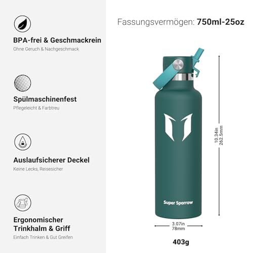 Detalle de Super Sparrow Trinkflasche Edelstahl – Ultraleicht, 750 ml, mit Strohdeckel (BPA-Frei, spülmaschinenfest) – ideal für Sport, Schule und Outdoor