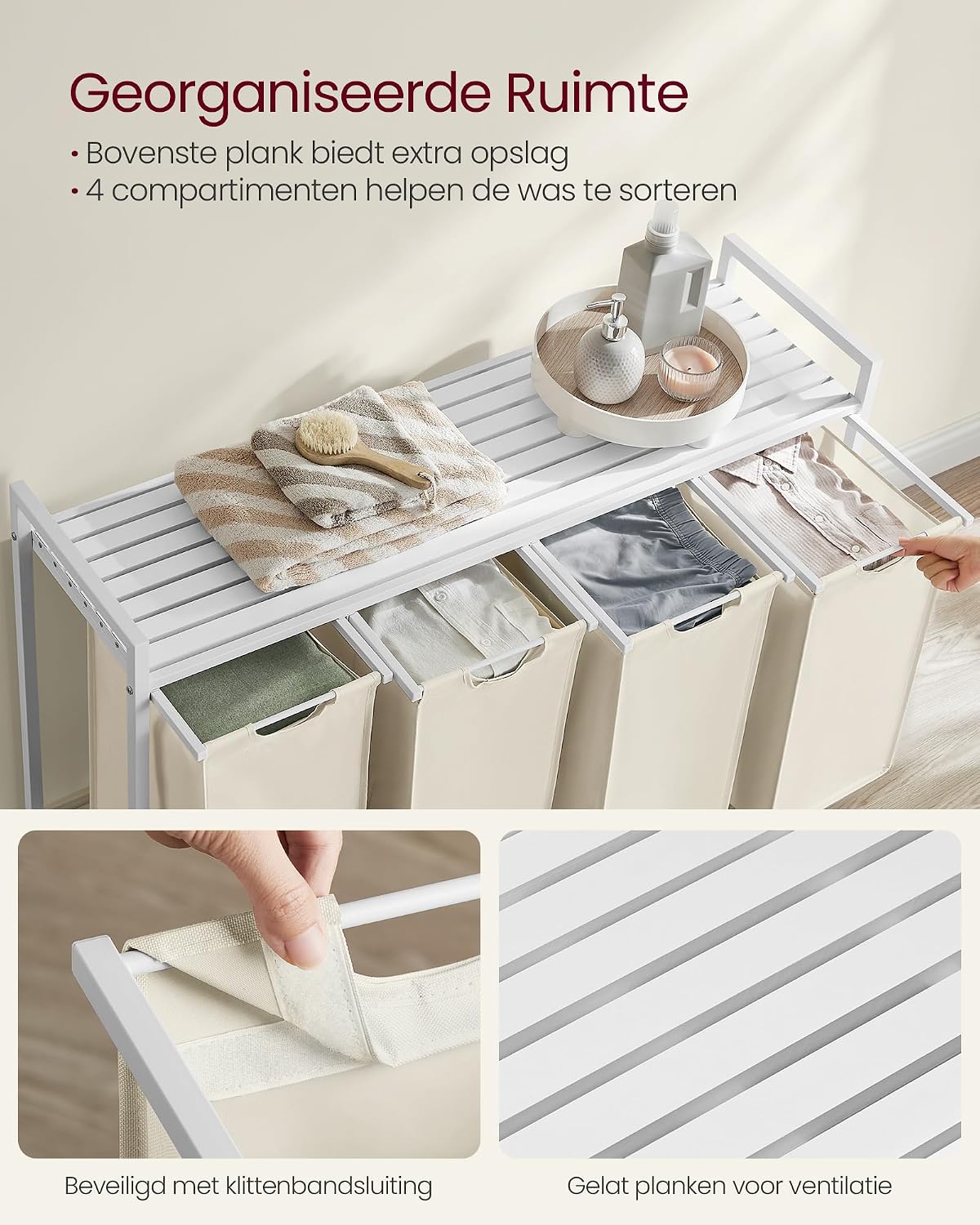 Detalle de VASAGLE BRENTA BLH101W01 wasmand met plank, 65 liter, crèmewit en wolkwit