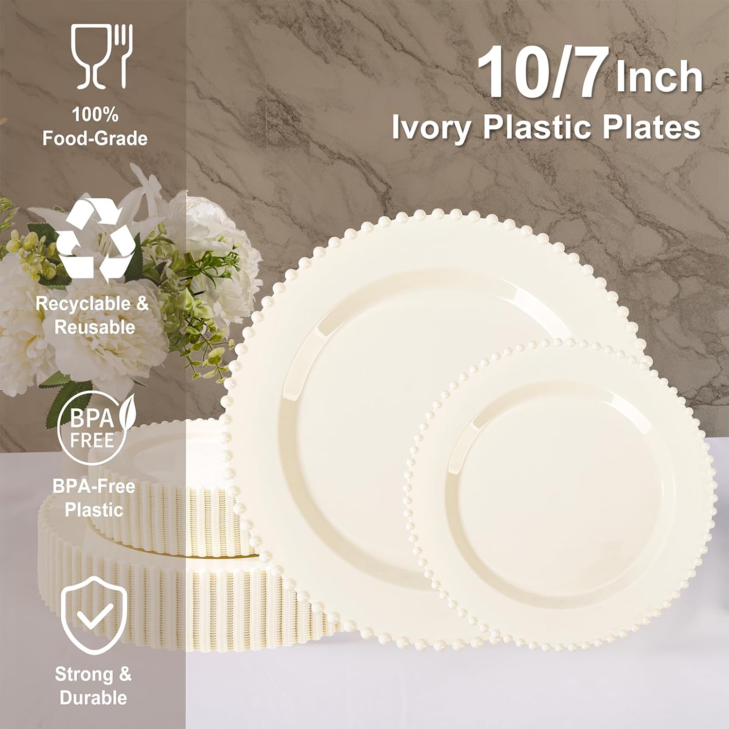 Detalle 2 de U-QE 60PCS Ivory Beaded Plastic Plates - 30 Dinner (10in) + 30 Dessert (7in) Set