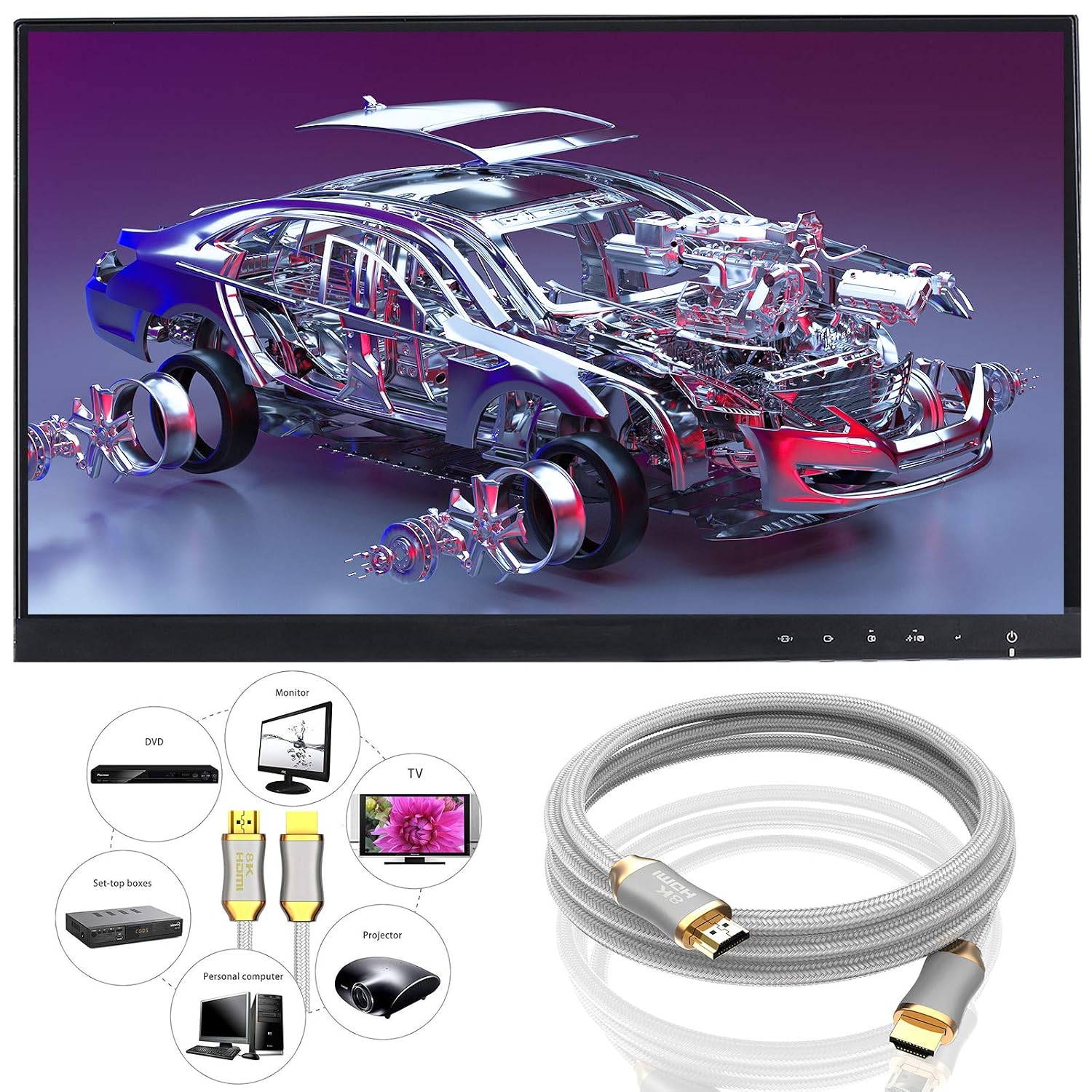 Detalle 2 de BHW 8K HDMI 2.1 Kabel (10K), Ultra High Speed, 8K 60 Hz / 4K 120 Hz, HDCP, Dolby Vision, VRR & eARC, 2 m (weiß)