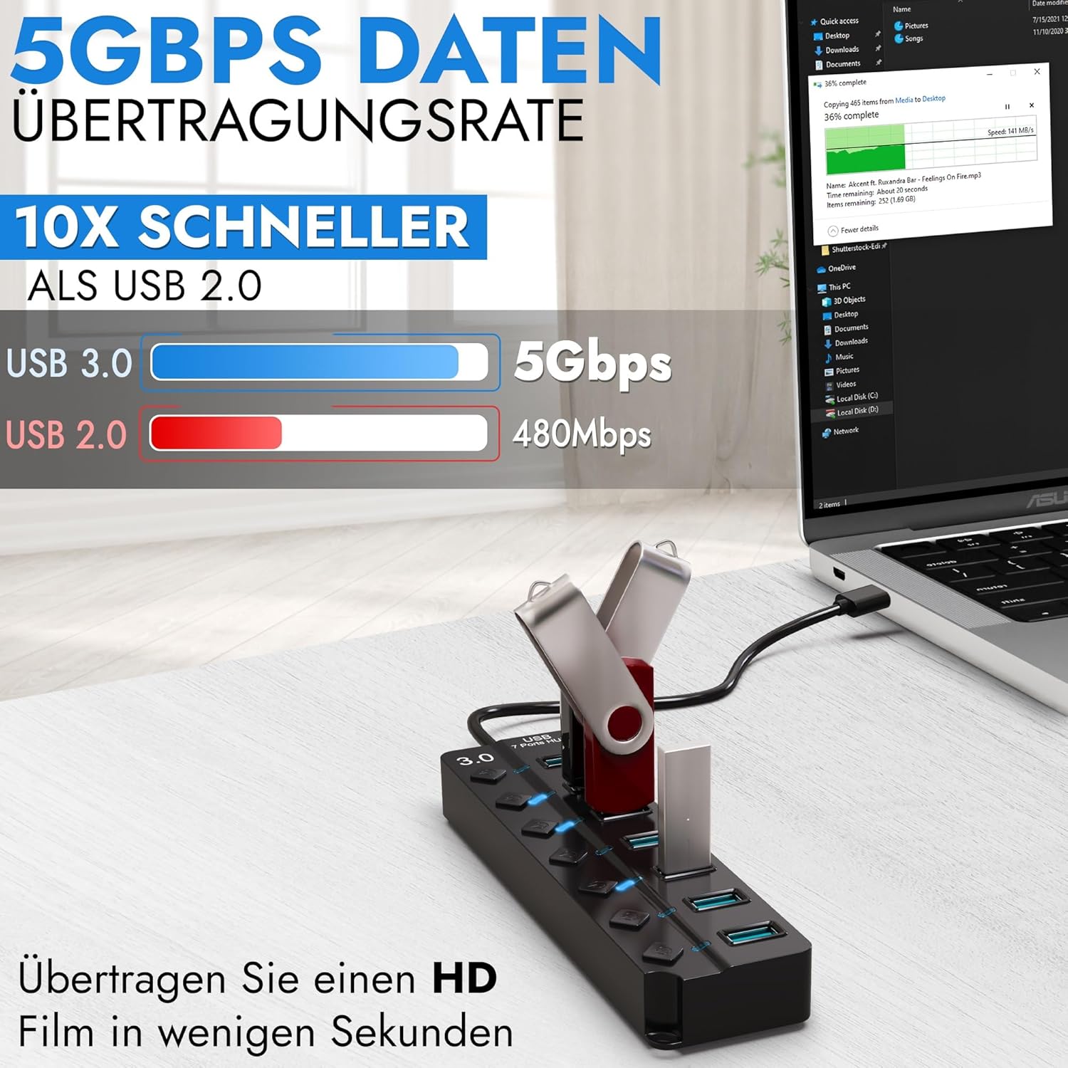 Thumbnail 2 de GLOBAL TECH 7-Port USB Hub 3.0 mit Ein/Aus-Schaltern & LED-Anzeigen (USB-Verteiler, 7 Ports)