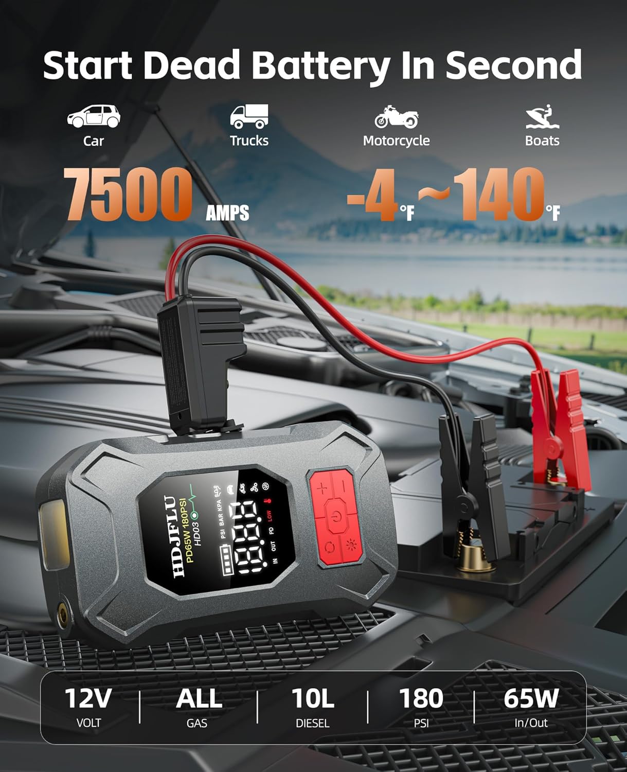 Detalle 2 de HDJFLU Jump Starter 7500A Starthilfe Powerbank