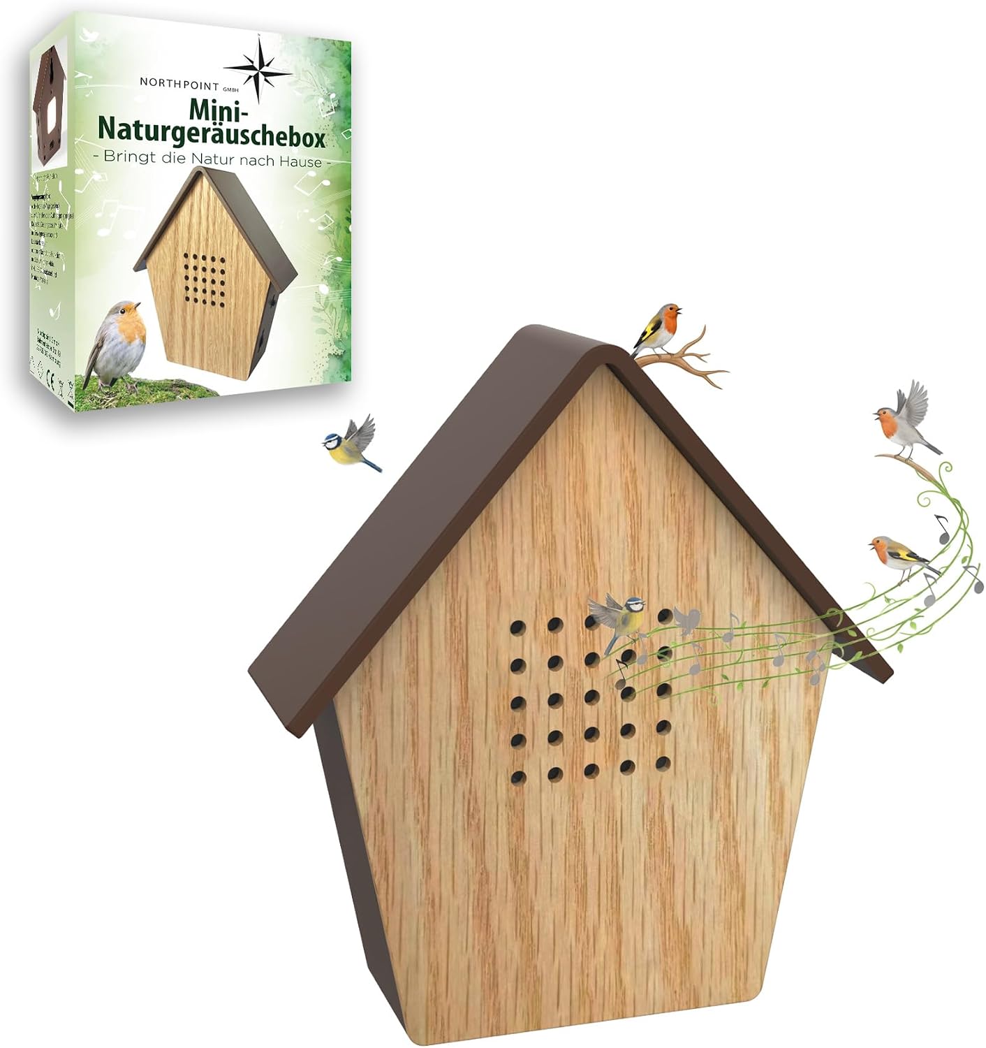 Detalle de Northpoint Naturgeräuschebox Vogelgesang – Bewegungsmelder, Echtholz, USB-C, Wandhalterung
