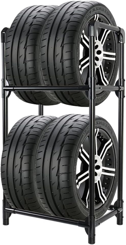 BAOYOUNI Supporto per 4 pneumatici o cerchioni – scaffale a 2 livelli in acciaio, 57,2 × 37,3 × 114,6 cm, nero