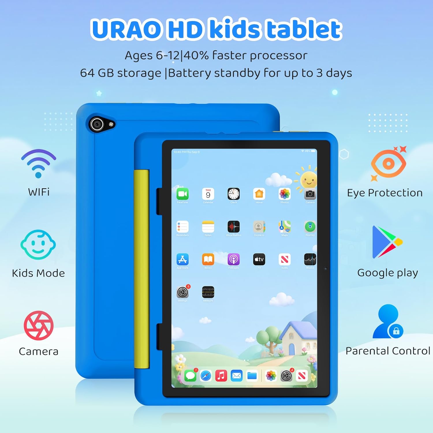 Thumbnail 1 de URAO Kids Tablet 10-Inch with Case, Android 16.0, 20GB RAM, 64GB ROM + 1TB Expandable, Parental Controls