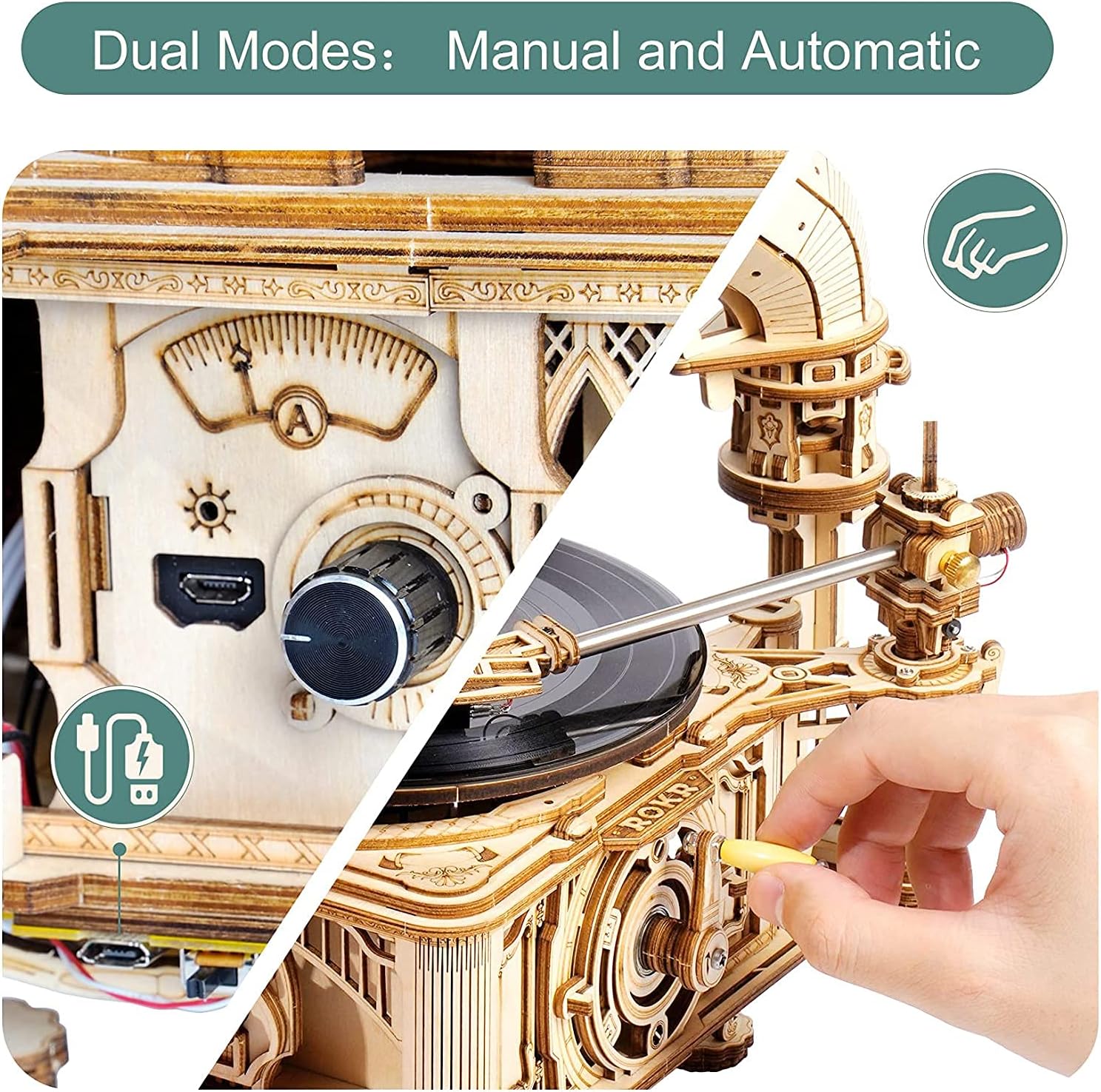 Detalle de ROKR Puzzle 3D in legno LKB01D – grammofono classico da costruire con modalità automatica e manuale