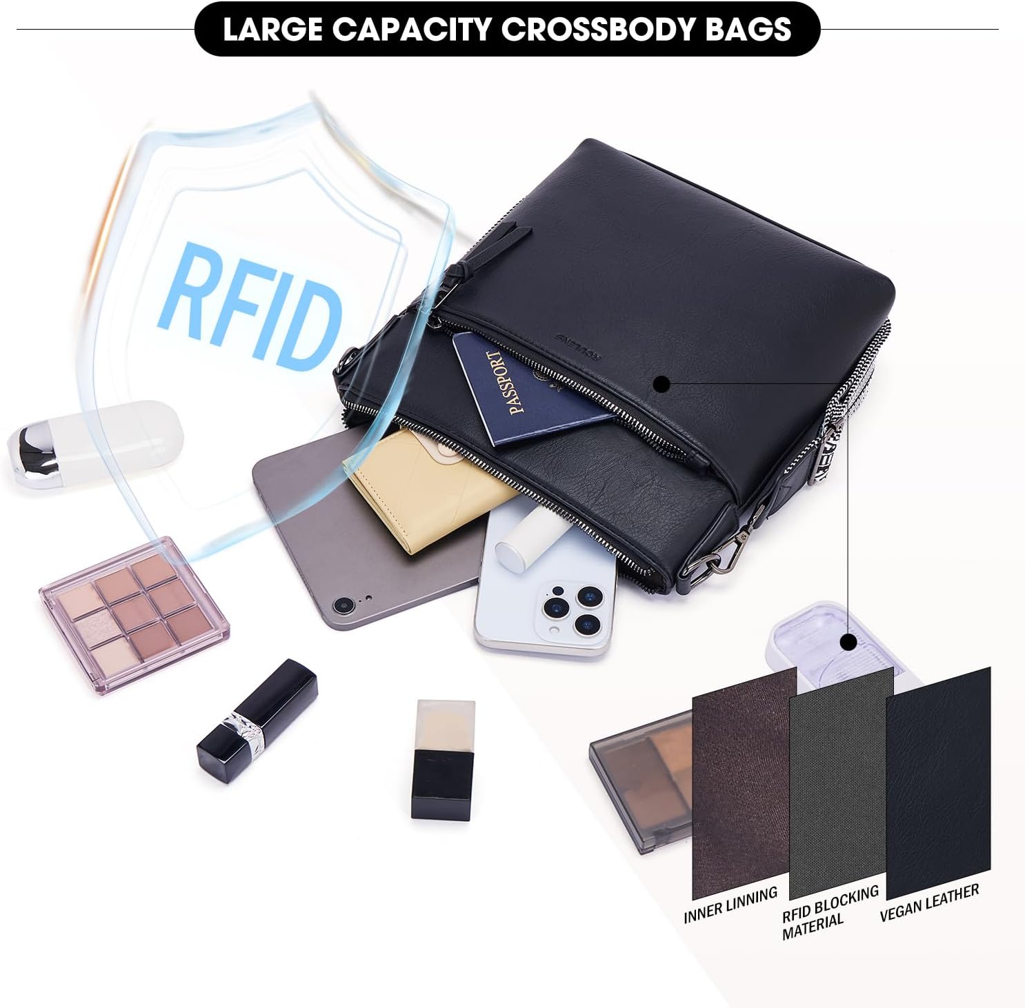 Detalle 2 de Roulens Mittel Damen Umhängetasche aus veganem Leder – RFID-Schutz, drei Fächer, Crossbody