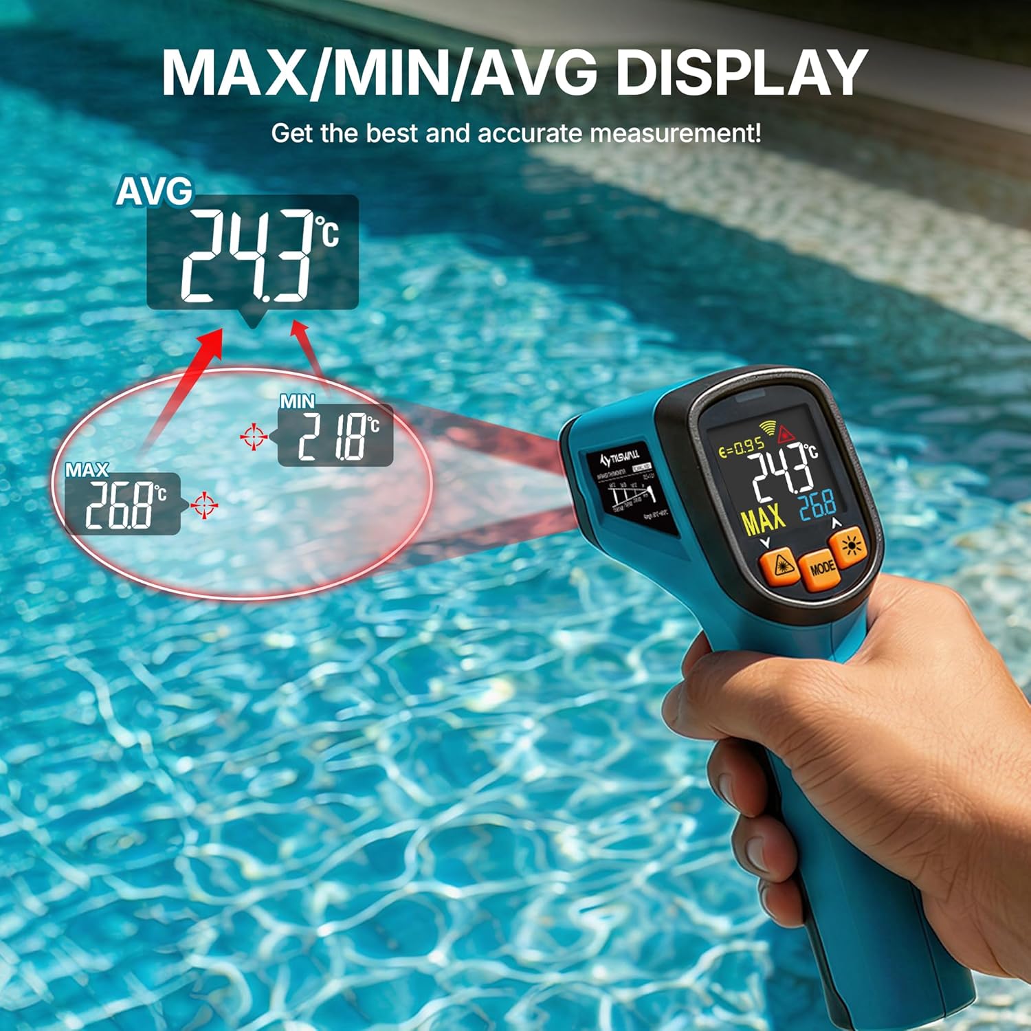 Detalle 1 de Tilswall Infrared Thermometer Gun with Adjustable Emissivity (−50°C to 600°C) – for BBQ, Pizza Ovens and Vehicle Repair