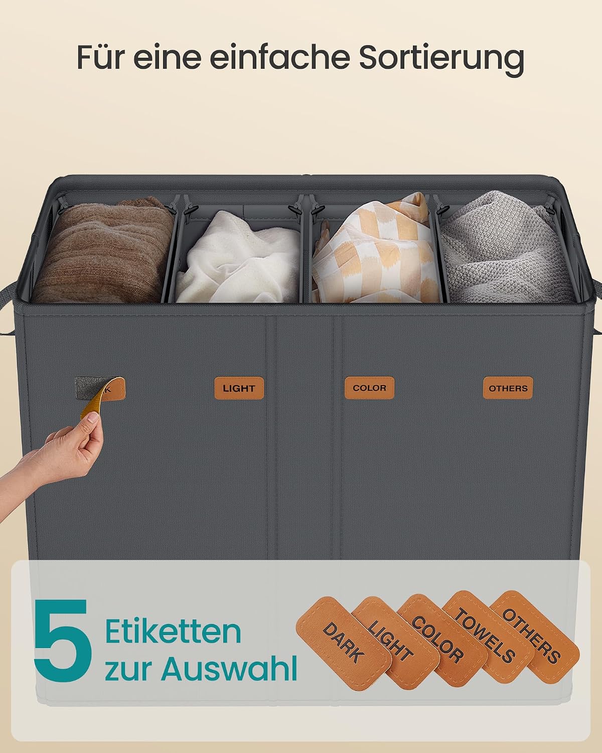 Detalle de SONGMICS Wäschekorb mit 4 Fächern (210 L) und Deckel – dunkelgrau, herausnehmbarer Innensack RLH014G01