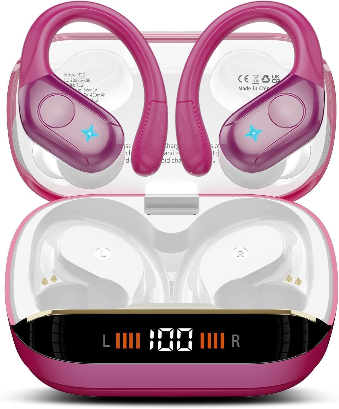 Detalle de Qecnato T12 Wireless Earbuds, Bluetooth 5.4, 75-Hour Battery, Ear Hooks