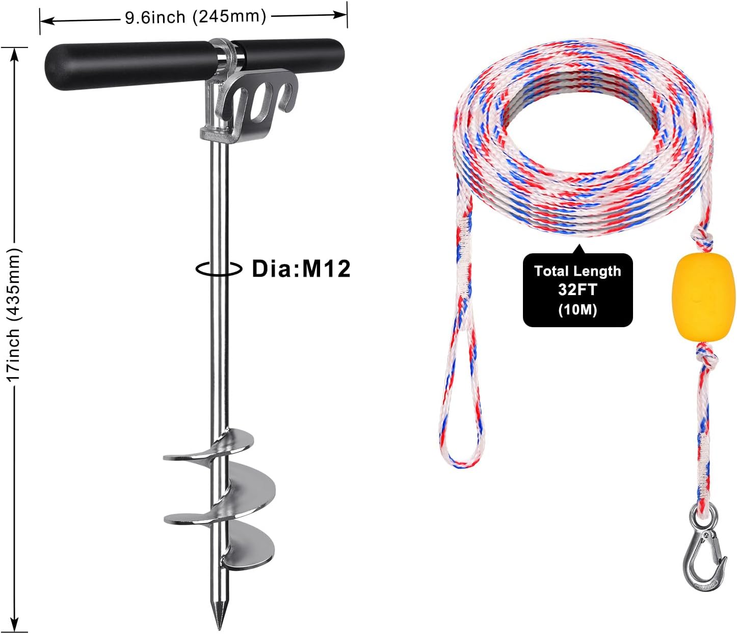 Detalle de BeneLabel Boat Anchor: Heavy Duty Screw-In Sand Anchor for Boats & Kayaks (43cm) with 975cm Rope