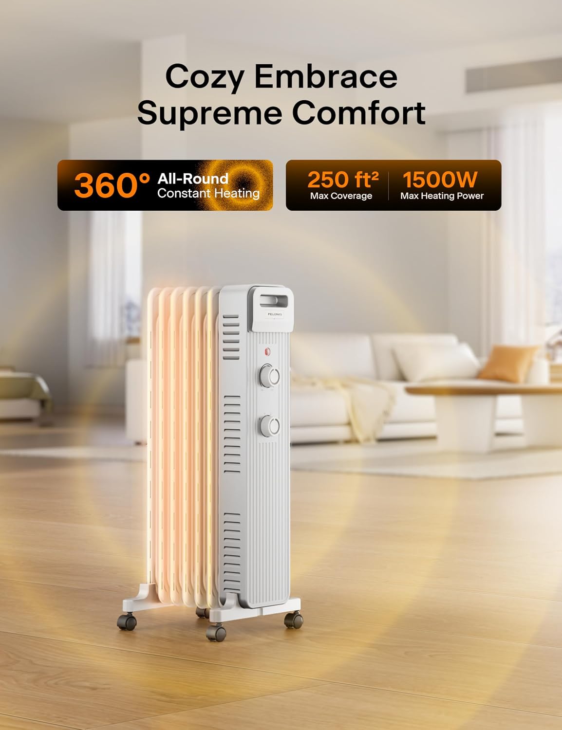 Detalle de PELONIS PSHO15M2AUW Oil-Filled Radiator Heater, 1,500W, 3 Heat Settings