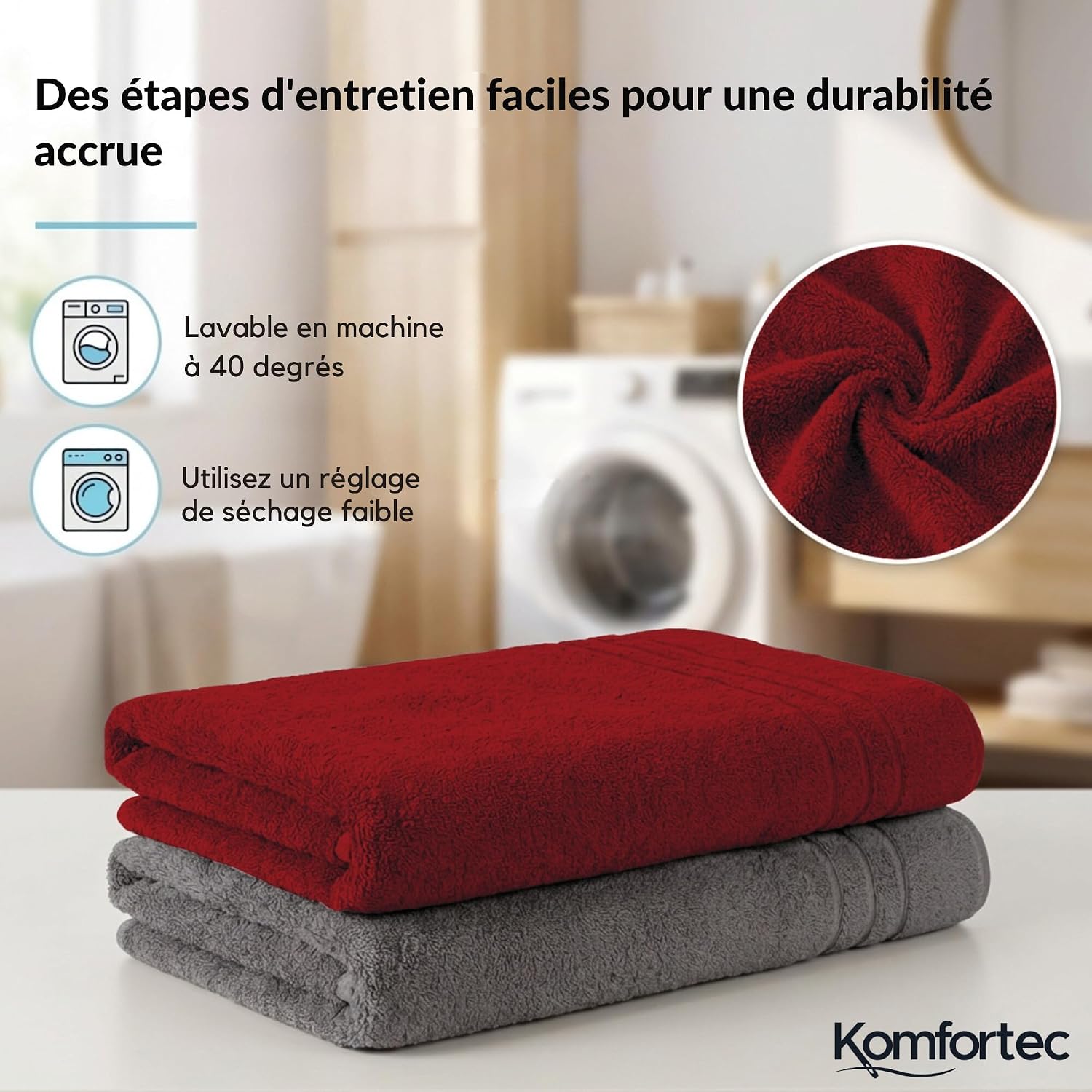 Detalle de Komfortec Lot de 2 Serviettes de Sauna 80 x 200 cm – 100% Coton XXL, Gris Anthracite et Rouge Aurore