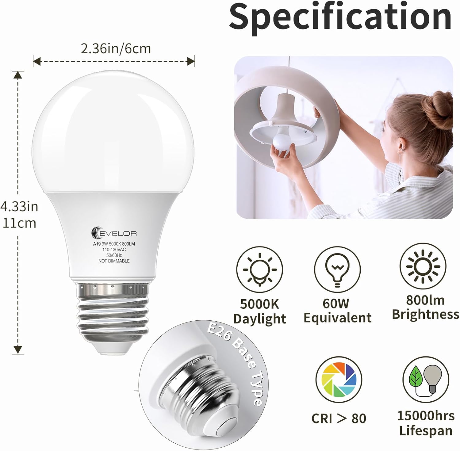 Detalle de evelor YH-A-60-03 A19 LED Bulbs, 6-Pack, 5000K, 800 Lumens