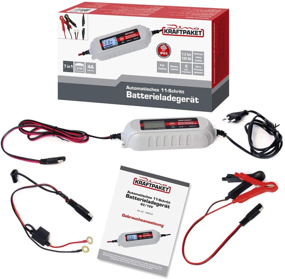 Detalle de Dino KRAFTPAKET 4A-6V/12V Intelligentes Batterieladegerät – Für Blei-Säure, GEL, Start/Stopp EFB, AGM | KFZ-Ladegerät für Auto, Motorrad, Kleintransporter, PKW, Boot