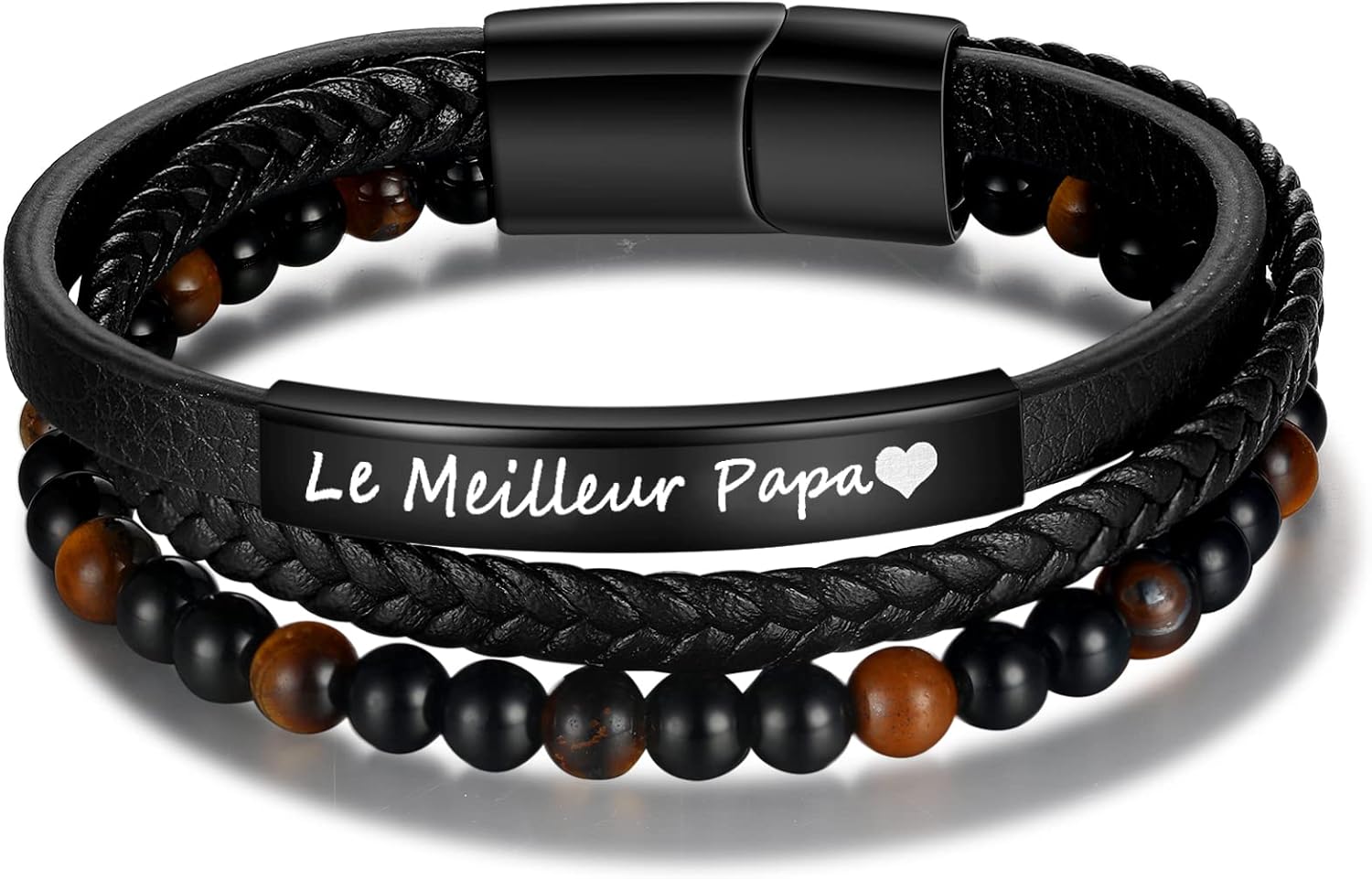 Thumbnail 6 de Jbniuay Cadeau Homme - Bracelet en cuir avec perles naturelles et œil de tigre, gravé Papa