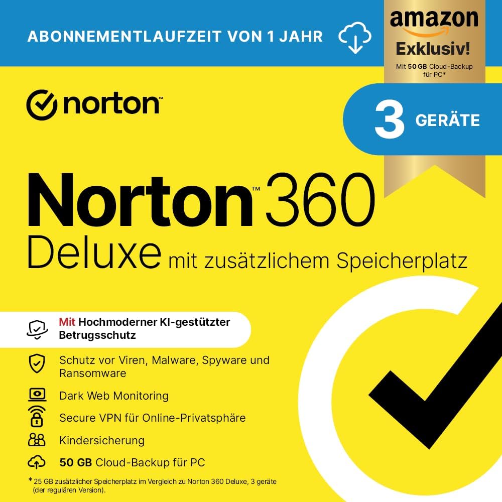 Detalle de Norton 360 Deluxe mit extragroßer Backup-Kapazität – Amazon Exklusiv: 25 GB zusätzlicher Cloud-Backup-Speicher