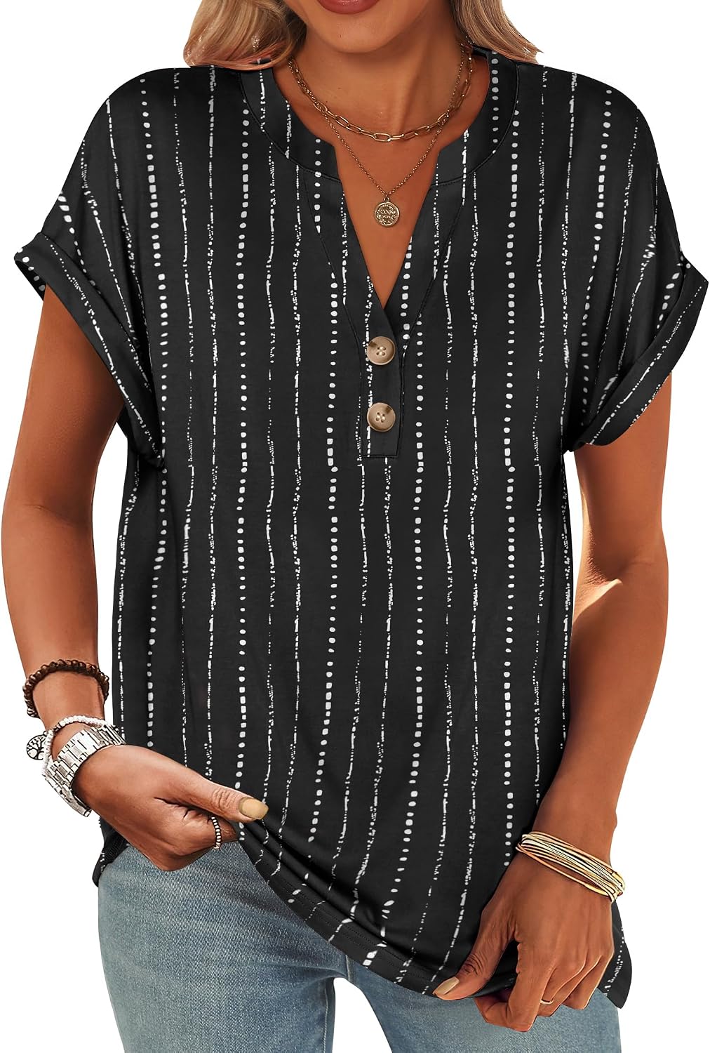 Detalle de ANRABESS Women's Short Sleeve Henley V-Neck Dressy Casual Blouses