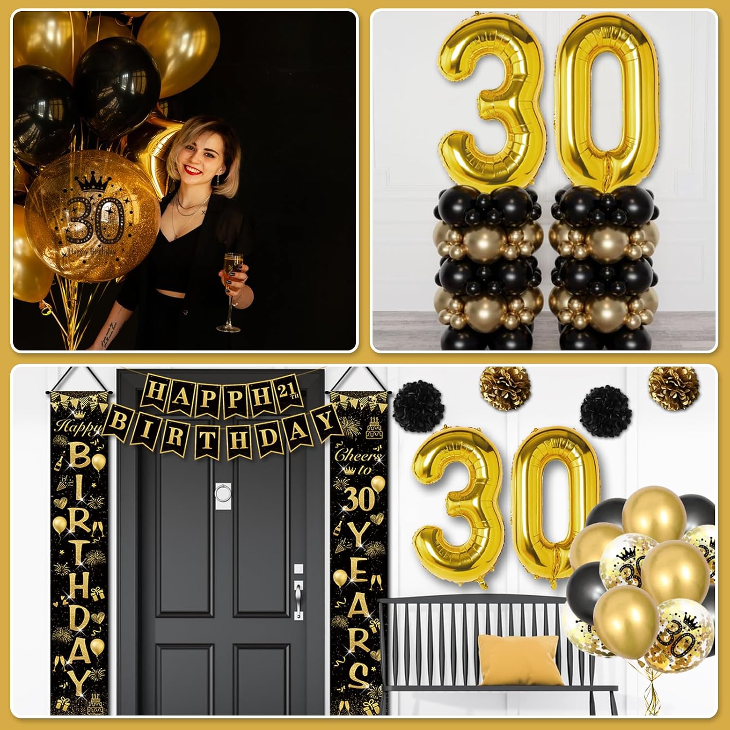 Thumbnail 6 de Décoration anniversaire 30 ans noir et or : ballons, bannière “Joyeux Anniversaire” et accessoires