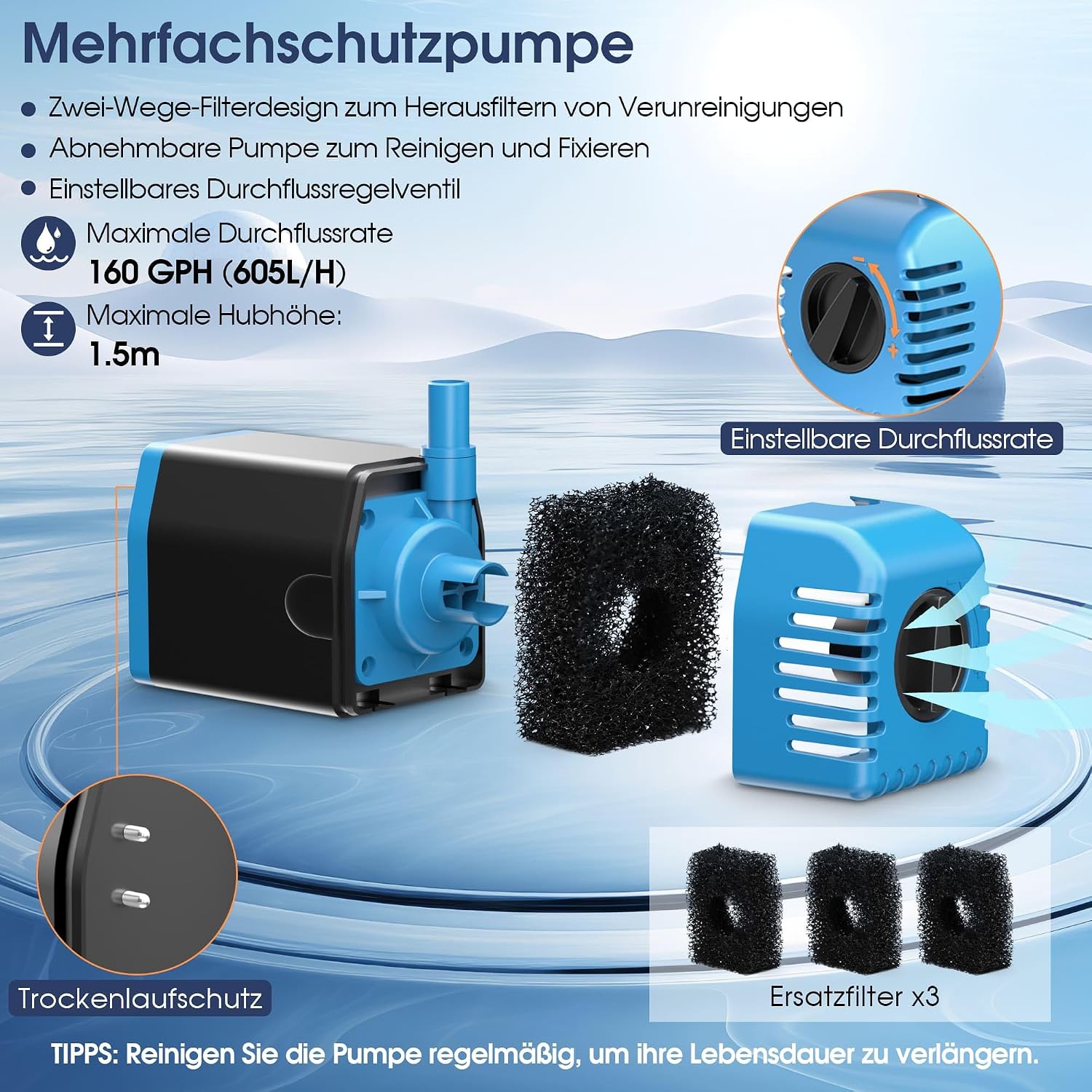 Thumbnail 1 de Biling Solar Springbrunnen für Außen – 12W Solarpumpe mit 605 l/h, 4 Düsen und 2 m Schlauch