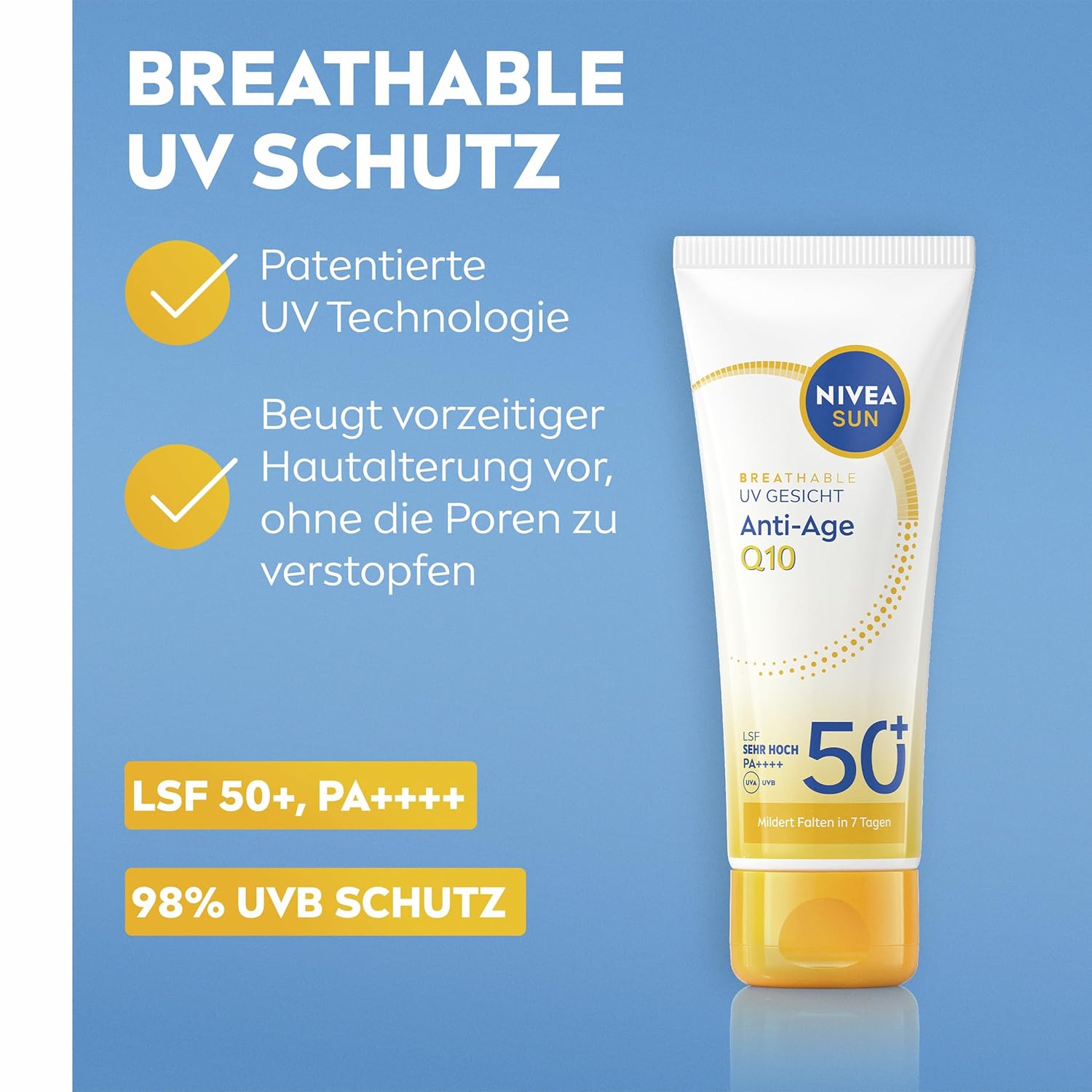 Detalle de NIVEA SUN Breathable UV Gesicht Anti-Age Q10 LSF 50+ – atmungsaktive Anti-Falten Sonnencreme, 40 ml