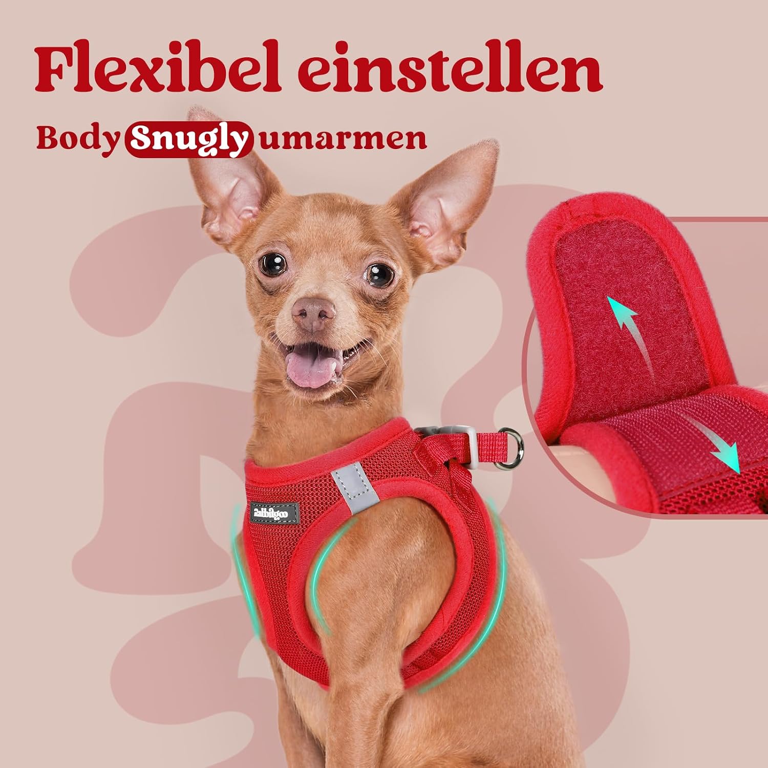 Detalle 2 de rabbitgoo Hundegeschirr Step-in für kleine Hunde (Größe M) – weiches Air-/Mesh, reflektierend, rot