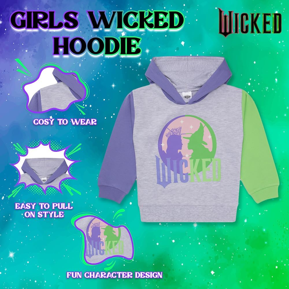 Thumbnail 2 de Wicked Girls Hoodie – Grey 100% Cotton Hooded Sweatshirt (Ages 7–14) – Elphaba & Glinda Merchandise