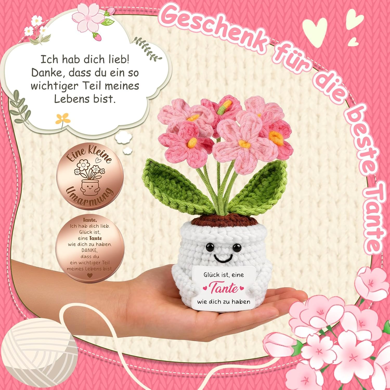 Detalle de Giftota Pocket Hug Vergissmeinnicht – handgehäkelte Blume im Topf als persönliches Dankeschön für Tante