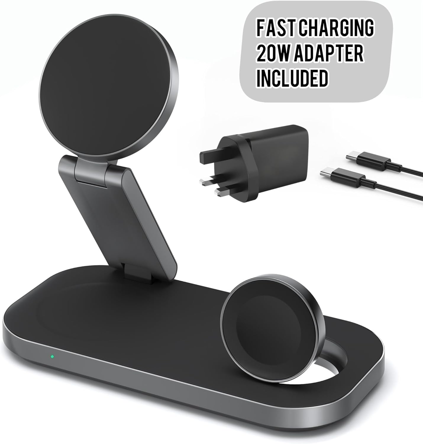 Thumbnail 2 de 3 in 1 Wireless Charging Station (Foldable) for iPhone, Apple Watch & AirPods – Travel-Ready MagSafe Stand, 20W Adapter Included (Black)
