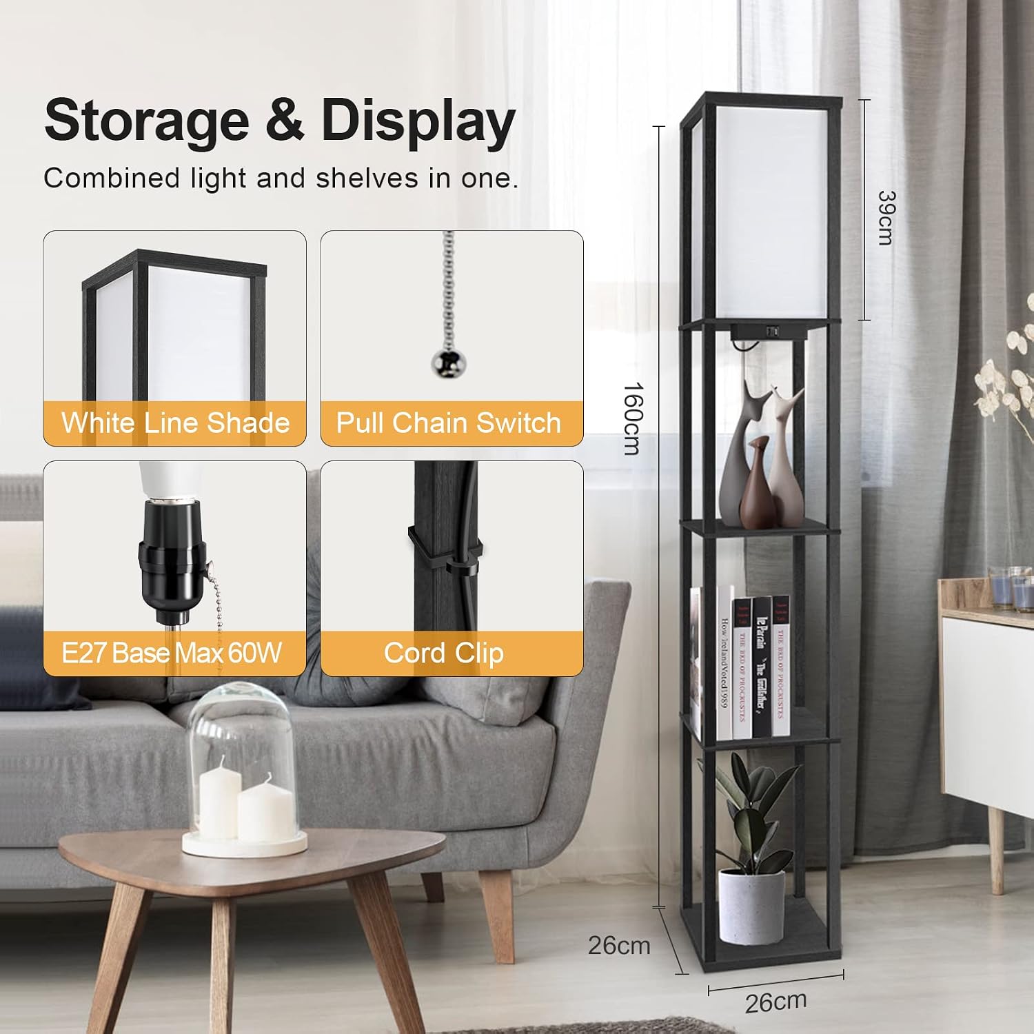 Detalle 2 de OUTON FL03 houten vloerlamp met planken, afstandsbediening en dimbare led
